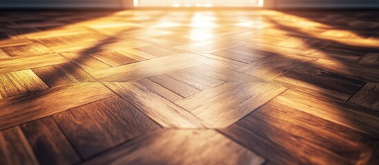 Poster - Wooden floor illuminated by warm sunlight showcasing intricate geometric patterns and rich textures in a cozy interior setting.