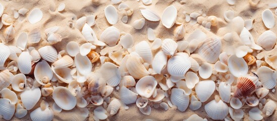 Poster - Scattered white and beige seashells on sandy beach surface creating a tranquil and spacious backdrop perfect for advertising or design projects.