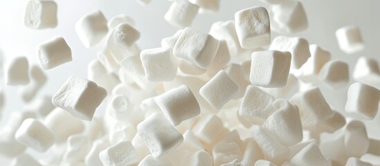 Poster - Fluffy white marshmallows suspended in mid-air against a bright white background create a whimsical and light-hearted sweet scene of confectionery delight