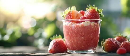 Aufkleber - Fresh strawberry overnight oats in a transparent jar on a wooden surface with vibrant strawberries scattered, warm sunlight creating a soft glow.