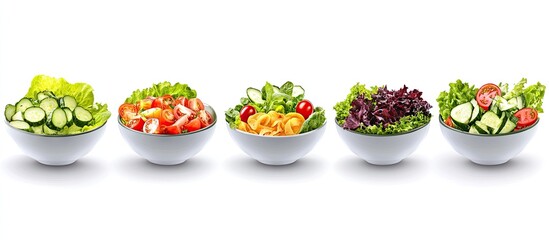 Poster - Five vibrant salad bowls arranged in a line on a white background featuring green lettuce, tomatoes, cucumbers, and mixed greens.