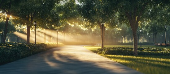 Aufkleber - Sunrise beams illuminate a serene park path surrounded by vibrant green trees and soft glowing light creating a peaceful morning atmosphere.