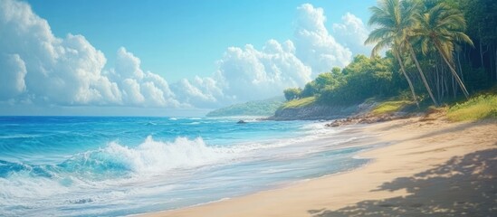 Aufkleber - Serene beach landscape with soft waves gently lapping at golden sand under a bright blue sky dotted with fluffy white clouds and lush green palm trees.