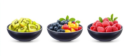 Aufkleber - Bowl arrangement with green kiwi salad on left, blueberries in center, and red raspberries on right against a neutral white background.