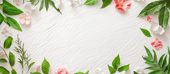 Poster - Delicate summer wildflowers in pink and white arranged on a textured white paper background surrounded by vibrant green leaves framing the image.