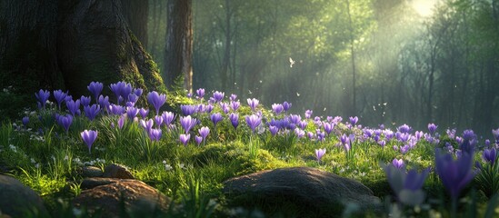 Aufkleber - Vibrant spring landscape featuring purple crocus flowers in a lush green meadow with soft sunlight filtering through trees at dawn