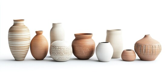 Poster - Collection of diverse earthenware vases in neutral earthy tones arranged in a row against a bright white background with ample free space for text.
