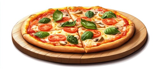 Poster - Rustic margherita pizza with tomato basil toppings on a wooden pizza tray set against a bright background showcasing vibrant colors and textures