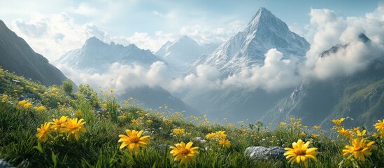 Aufkleber - Majestic mountain scenery with towering snow-capped peaks enveloped in clouds, vibrant yellow flowers blooming in the foreground, serene atmosphere.