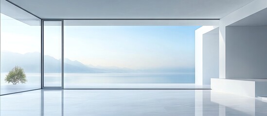 Aufkleber - Minimalist architectural interior featuring large glass walls for a panoramic view, light blue sky, and serene water landscape, emphasizing simplicity and tranquility.