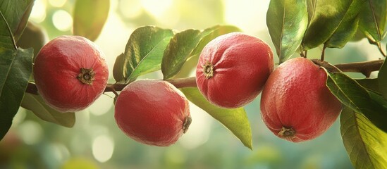 Poster - Vibrant red fruits hanging on a lush green branch under soft sunlight with a blurred background creating a serene natural atmosphere