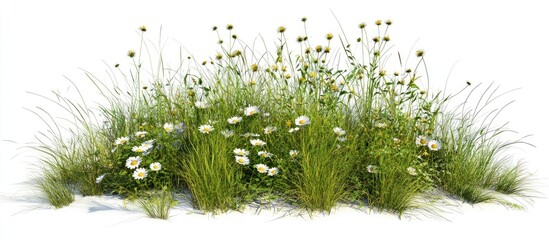 Leinwandbilder - Lush green spring grass with scattered white daisies, isolated on a clean white background, ideal for seamless integration in designs.