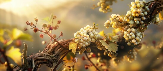 Fototapete - Blooming grapevine branches with young bunches of grapes illuminated by warm sunlight in a soft-focus background featuring gentle green tones and ample copy space