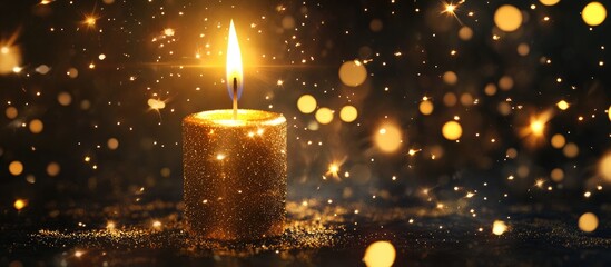 Aufkleber - Golden candle illuminated with a soft flame surrounded by sparkling golden bokeh and starburst effects creating a festive celebration atmosphere
