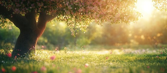 Aufkleber - Blossoming orchard tree basking in warm sunlight with vibrant green grass and soft pink flowers creating a serene springtime atmosphere.