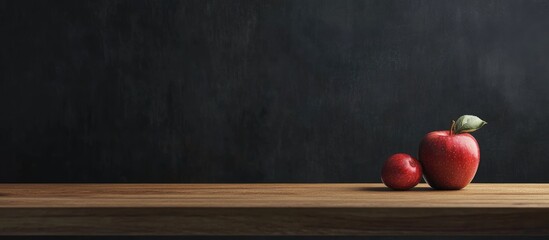 Poster - Red apples on a wooden table with a dark chalkboard backdrop and ample space for text, creating a clean and inviting educational atmosphere.