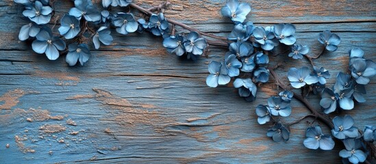 Aufkleber - Spring flowers in shades of blue arranged on weathered blue wooden background with subtle brown accents creating a serene natural aesthetic.