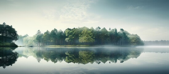 Fototapete - Serene landscape with trees reflecting on calm water under a hazy sky; lush green trees positioned centrally with tranquil blue tones and mist.