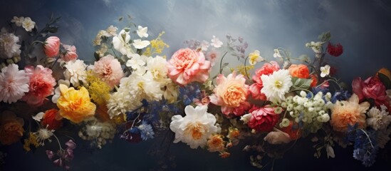 Poster - Vibrant arrangement of multicolored flowers including pink, yellow, and white against a soft blue background creating an enchanting copy space image