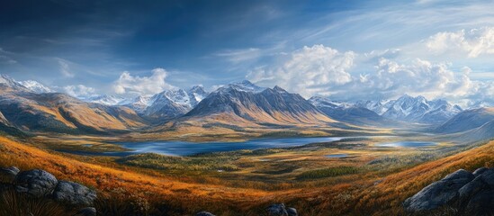 Poster - Panoramic landscape of majestic mountains with vibrant green and golden grass, reflecting blue lakes under a dramatic sky with fluffy clouds.