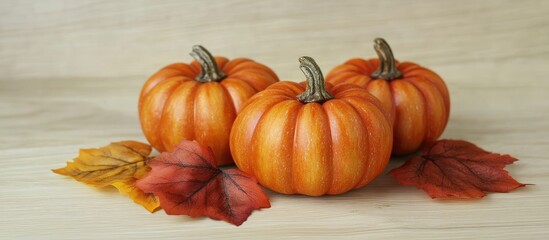 Poster - Three vibrant orange pumpkins arranged in a triangle on a light wooden background with colorful autumn leaves scattered underneath them.