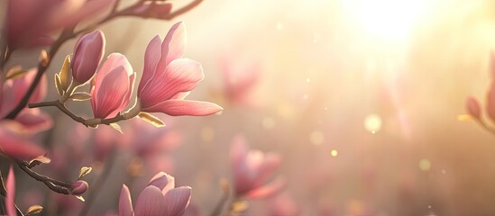 Fototapete - Delicate pink magnolia flowers softly illuminated by warm sunlight with a dreamy bokeh background creating a serene and inviting atmosphere