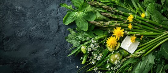 Poster - Vibrant fresh greens with dandelion, asparagus, wild garlic, flowers and cream cheese on a textured dark surface for healthy detox cuisine