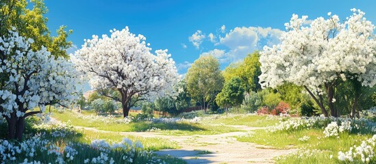 Aufkleber - Blossoming white flowering trees in a lush green garden under a clear blue sky with gentle sunlight illuminating the vibrant spring landscape.