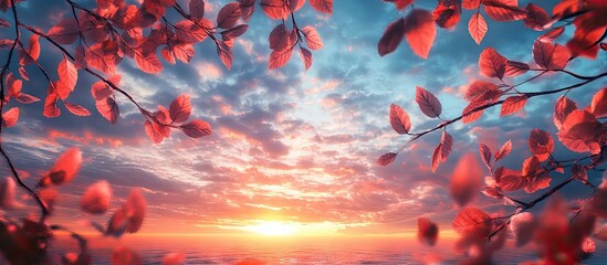 Aufkleber - Vibrant sunset with deep orange and pink hues illuminating a dramatic sky framed by soft leaves in cool tones, creating a serene landscape scene.
