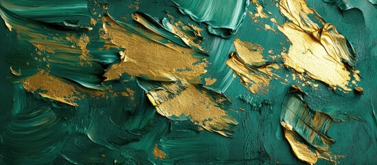 Poster - Textured abstract canvas with expressive green and gold brush strokes creating a flowing background composition focused on vibrancy and depth.