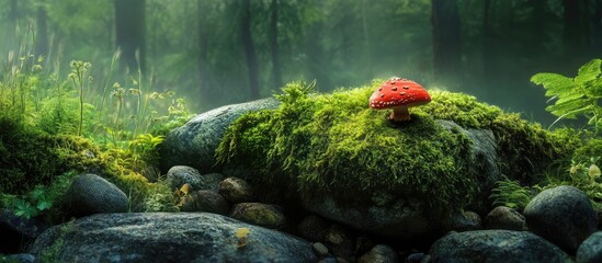 Poster - Vibrant red mushroom perched on mossy stones in a lush green forest surrounded by soft mist and diverse foliage creating a serene nature scene