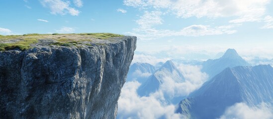 Poster - Vast cliff edge overlooking clouds and mountains under a bright blue sky with soft white clouds creating a serene and tranquil atmosphere.