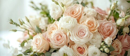 Poster - Elegant bouquet of soft pink and white roses arranged artistically with greenery on a light background showcasing delicate floral textures.