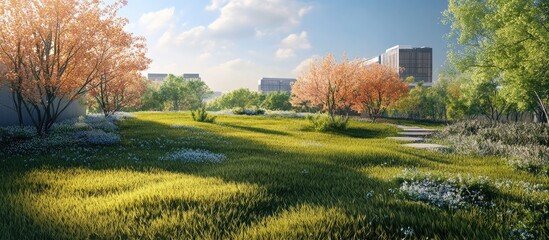 Poster - Serene landscape with vibrant green grass and blooming cherry blossom trees in soft pink hues under a bright blue sky with fluffy clouds.
