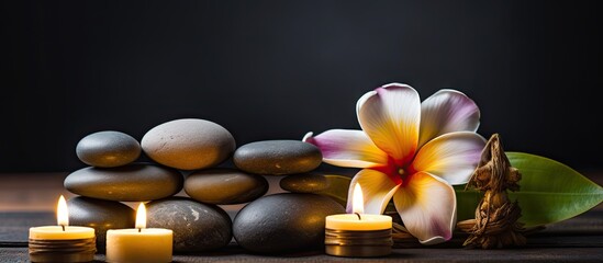 Poster - Spa still life with stacked black stones on a wooden surface surrounded by aromatic candles and a pink frangipani flower against a dark background