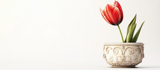 Aufkleber - Elegant red tulip in ornate white pot positioned to the left against a bright white background, symbolizing Easter and spring renewal.
