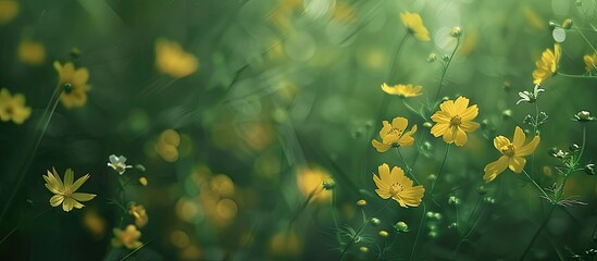 Leinwandbilder - Delicate yellow wildflowers scattered against a soft green background creating ample copy space on the right side of the frame
