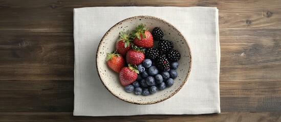Poster - Top view of a textured ceramic bowl filled with vibrant blueberries, strawberries, and blackberries on a light fabric napkin over a wooden table.