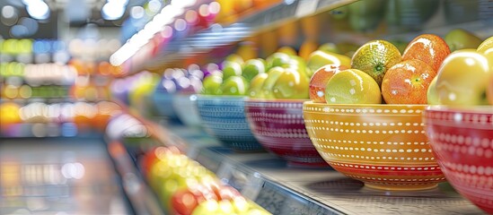 Poster - Vibrant display of colorful ceramic bowls filled with fresh apples in a supermarket aisle with lights creating a blurred background effect