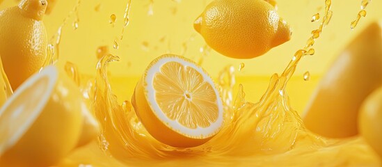 Poster - Fresh lemon slices and whole lemons in mid-air, splashing juice against a vibrant yellow background with dynamic water droplets in motion.