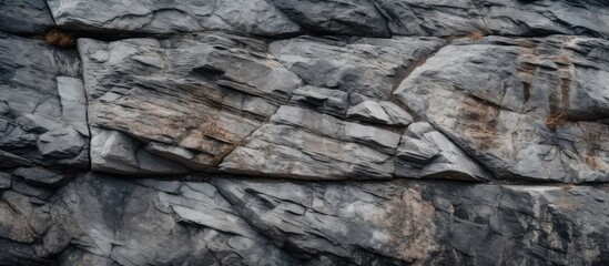 Poster - Textured rock formation with dark gray and brown hues displaying intricate line traces and layers, perfect for nature or background use.