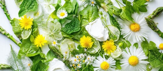 Poster - Fresh and vibrant spring salad featuring green leaves, white cream cheese, and colorful flowers arranged artistically on a light background.