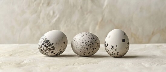 Leinwandbilder - White eggs with black speckling arranged in a row on a textured light beige surface showcasing natural patterns and earthy tones.