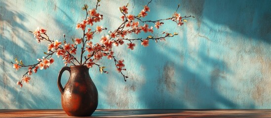 Poster - Spring flowers in a dark jug positioned left with soft orange and pink blooms against a textured light blue and brown wooden background