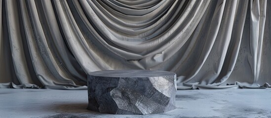 Poster - Textured gray podium with a scaly fabric surface in front of heavy drapery background featuring abstract patterns and muted color tones.