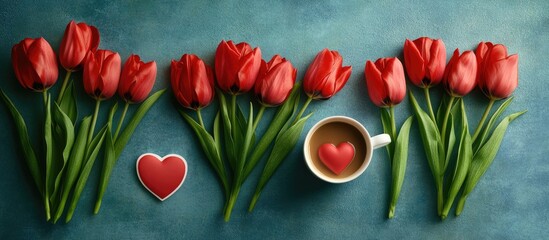 Aufkleber - Red tulips arranged on a turquoise background with a heart-shaped dÃ©cor and a coffee cup featuring a heart-shaped foam, creating a romantic theme.