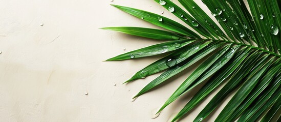 Poster - Lush green palm leaf with water droplets positioned diagonally against a soft beige backdrop highlighting eco-friendly and sustainable themes.