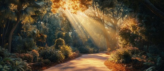 Poster - Sunrise beams illuminate a lush summer park path with golden light filtering through green foliage creating a serene natural atmosphere.