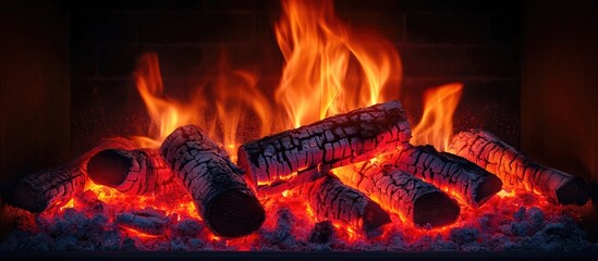 Aufkleber - Vivid flames illuminate glowing logs in a stylish fireplace with a dark backdrop showcasing red firewood and black logs for a cozy atmosphere
