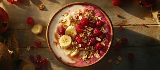 Poster - Bowl of yogurt topped with raspberries, banana slices, and granola on rustic wooden surface with soft natural light highlighting textures